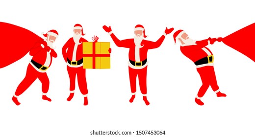 Santa Claus with sack and gift box vector flat silhouette set isolated on a white background.