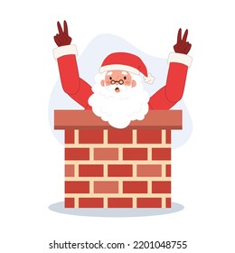 Santa claus with sack of gift box is tring to get in chimney. Vector illustration.