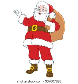 Santa Claus with a sack of gifts. Cartoon character isolated on white background. Colorful design for kids activity book, coloring page, colouring picture. Vector illustration for children.