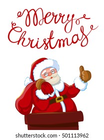 Santa Claus with sack of gifts partially a chimney.Christmas or New Year holiday art. Vector illustration with hand lettering quote "Merry Christmas". Isolated on white.