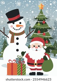 Santa Claus with a sack of gifts standing next to a snowman and decorated Christmas tree, presents, snowy background, flat style. For Christmas greeting cards, banners, holiday print