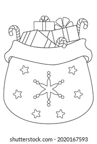 Santa Claus sack with gifts - vector linear illustration for coloring. Outline. Santa Claus sack with gift boxes and chocolates - Christmas picture for coloring book.