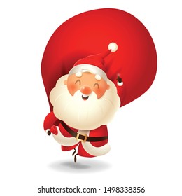 Santa Claus with sack jumping - happy expression point finger up - vector illustration isolated on transparent background