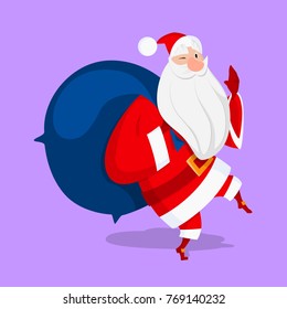 Santa Claus with a sack on his back tiptoeing. Vector image drawn in flat style;