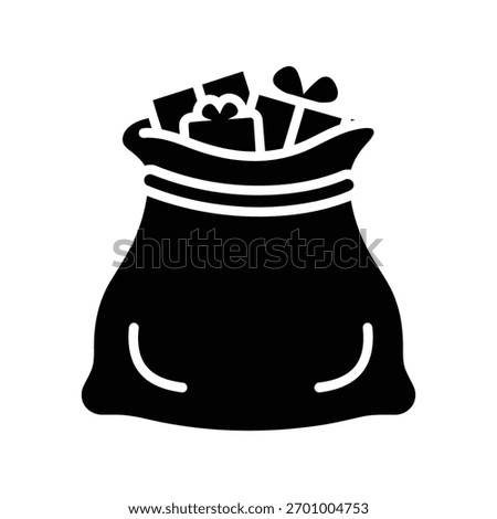 Santa Claus sack overflowing with wrapped gifts icon in black silhouette for Christmas gift guide marketing and holiday delivery