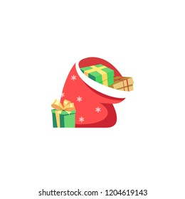 Santa Claus sack with presents. Christmas bag full of gifts isolated. Concept of giving gifts, preparing for the holiday, Christmas donations. Vector flat illustration