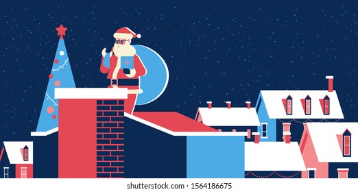 santa claus with sack standing on roof near chimney merry christmas happy new year winter holidays concept snowy village houses greeting card full length horizontal vector illustration