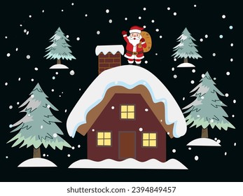 santa claus with sack standing on roof near chimney. 