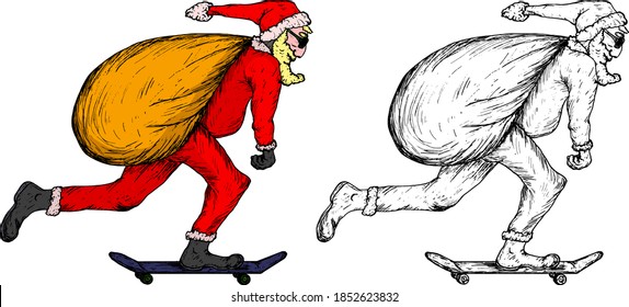 Santa Claus with a sackful of gifts doing the kick push on a skateboard. Hand drawn vector illustration.