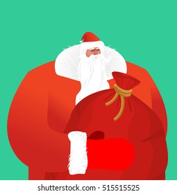 Santa Claus with sackful toys and sweets. Big festive bag. Great Grandpa with white beard and red suit. Illustration for Christmas and New Year. Large sack of gifts
