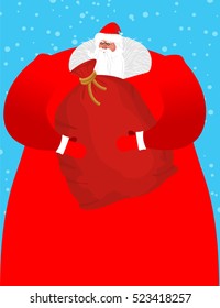 Santa Claus with sackful toys and sweets. Big red festive bag. Great Grandpa with white beard and red suit. Illustration for Christmas and New Year. Large sack of gifts