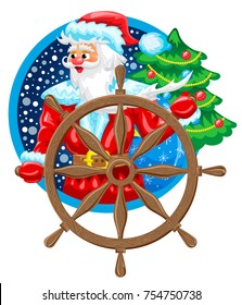 Santa Claus the Sailor on ship with steering wheel and furtree