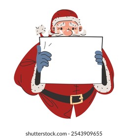 Santa Claus or Saint Nicholas character with white sheet in hands. Vector template or mockup. Cartoon personage of Santa holds empty letter or blank page. Xmas banner for the text or greetings.