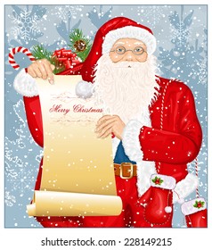 Santa Claus with Santa's list and big sack with presents on snow background. Vector illustration