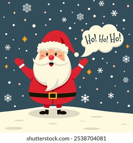 Santa Claus saying 'Ho Ho Ho' in winter wonderland, great for Christmas event invitations, holiday greeting cards, social media posts and festive advertising. Vector illustration in cartoon style