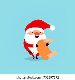 Santa Claus with a scroll, leaf of gifts. Cute Christmas symbol. Element from the collection of Santa Clauses with different emotions. Vector illustration isolated on light blue background.