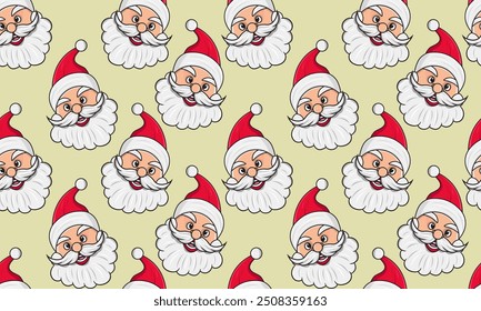 Santa Claus seamless pattern with a cheerful and festive expression. Ideal for holiday-themed uses such as wrapping paper, fabric designs, or festive backgrounds.