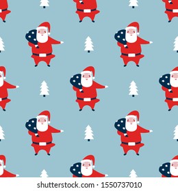 Santa Claus seamless pattern. Christmas fabric, wrapping, textile repeated design. Cute funny Santa in cartoon flat style.