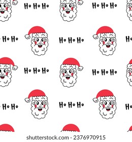 Santa Claus Seamless Pattern. Funny doodle Santa head with ho ho ho text on white background. Funny cartoon vector illustration.