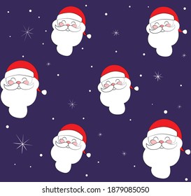 Santa Claus seamless pattern. Doodle? hat, moustache, beard, happy. Vector illustration, on dark blue background.