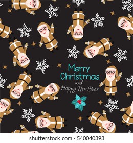 Santa Claus. Seamless pattern. Merry Christmas and Happy New Year decoration. Vector illustration isolated. Cartoon character of modern man glasses hipster. Gold color of clothing. Black background.