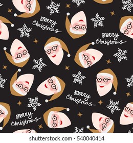 Santa Claus. Seamless pattern. Merry Christmas and Happy New Year decoration. Vector illustration isolated. Cartoon character of modern man glasses hipster. Gold color of clothing. Black background.