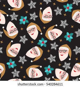 Santa Claus. Seamless pattern. Merry Christmas and Happy New Year decoration. Vector illustration isolated. Cartoon character of modern man glasses hipster. Gold color of clothing. Black background.