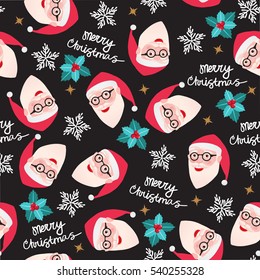 Santa Claus. Seamless pattern. Mistletoe. Merry Christmas and Happy New Year decoration. Vector illustration isolated. Cartoon character of modern man hipster. Red color of clothing. Black background.