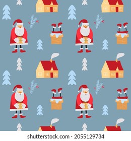 Santa claus seamless pattern on a blue background. Сhristmas tree, house, chimney, tree branch. Vector illustration in a flat style. Christmas theme design. 