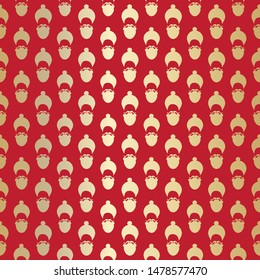 Santa Claus seamless pattern with stylized face hat and beard silhouette. Christmas gold and red background for wrapping paper, packaging and celebrations. Vector