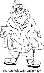 Santa Claus selecting a route for the Christmas travel