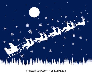 Santa Claus to send gifts. Merry Christmas and Happy new year card. Happy winter. Christmas background with a sleigh of Santa Claus in a team of nine reindeer. Illustration vector.