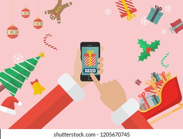 Santa Claus sending gift using smartphone with decorations and gift boxes. Vector illustration