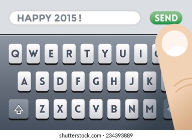 Santa Claus Sending Happy 2015! SMS message on mobile phone screen keyboard with human finger over Send button. Idea - Happy new 2015 year congratulation and celebration.