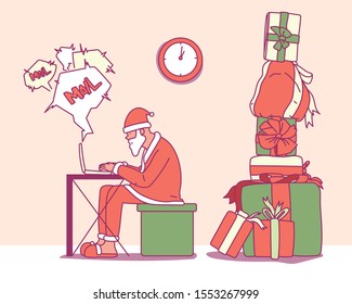 Santa Claus is sending a mail to a computer in a room with a stack of gift boxes. hand drawn style vector design illustrations.