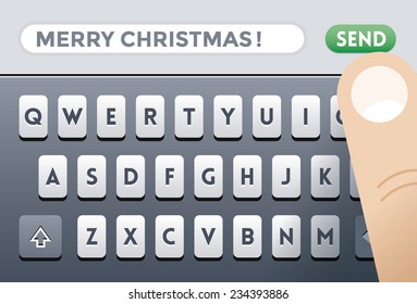 Santa Claus sending Merry Christmas! SMS message on mobile phone screen keyboard with human finger over Send button. Idea - Christmas congratulation and celebration.