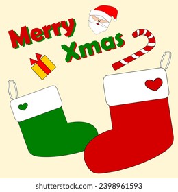 Santa Claus sends happiness to everyone with a Merry Xmas, candy cane, and a gift in Christmas stockings.