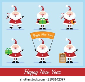 Santa Claus set. 2023. Happy New Year. Ho-ho-ho! Funny Santa Claus with banner, gift, candy, staff, envelope, Сhristmas tree. Merry Сhristmas holiday vector icon in cartoon style.