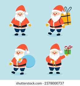 Santa Claus set. Cartoon holiday moving characters. Cute Santa character collection in flat style isolated on a blue background. Create your own character and greeting card. Santa with bag and box of 