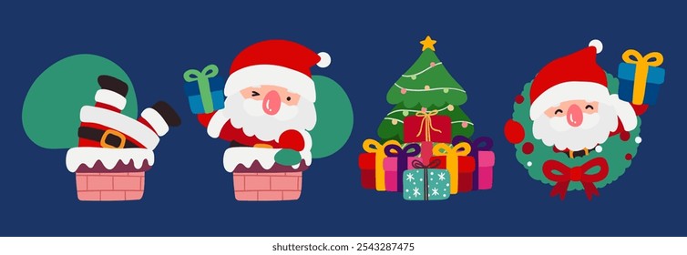 Santa Claus Set with Chimney, Gift Boxes, Christmas Tree, and Wreath. Doodle Style Vector Illustration