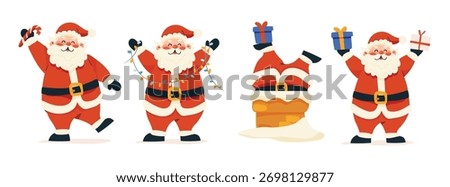 Santa Claus, a set of Christmas characters. Santa is dancing with gifts, stuck in a fireplace, and carrying sweets. Flat vector illustration isolated on a white background.