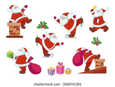 Papá Noel. colección de Navidad. Santa Claus en la chimenea, con regalos, patinaje, timbre sonora. Conjunto de elementos de diseño Feliz Navidad y Feliz Año Nuevo. Ilustración del vector