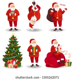 Santa Claus set with Christmas tree. Christmas card. Funny cartoon Santa Claus with a huge red bag with gifts. Santa Claus for Christmas and New Year posters, gift tags and stickers.