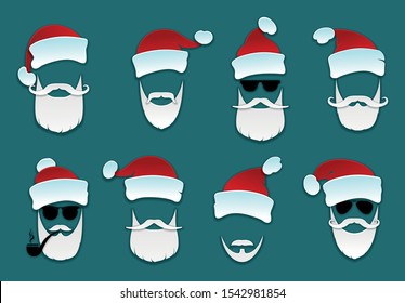 Santa Claus.  Set Santa Clauses with  variety of caps, mustaches and beards. Christmas icons set on blue background. Vector illustration