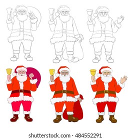 Santa Claus set for coloring book. Christmas lineart.