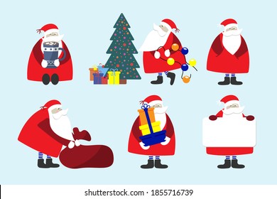 santa claus set. cute Santa Claus with bag, garlands, mockup board, Christmas tree with gifts, cocoa. Christmas collection