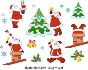 Santa Claus set. Santa Claus with gifts, with Christmas tree, goes down the chimney, rings the bell, stuck in the chimney. Set of design elements Merry Christmas and Happy New Year. Isolated. Vector