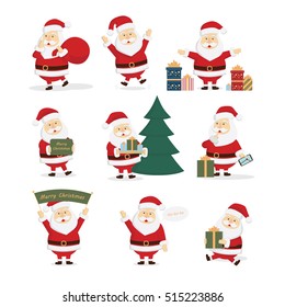 Santa Claus set. Happy smiling Santa with gifts, christmas tree and merry christmas signs. Art for decoration.