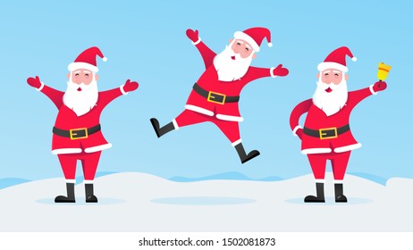 Santa Claus set with hat, beard and smiling face, bell flat style character vector illustration. Christmas eve mascot symbol isolated on light blue background
