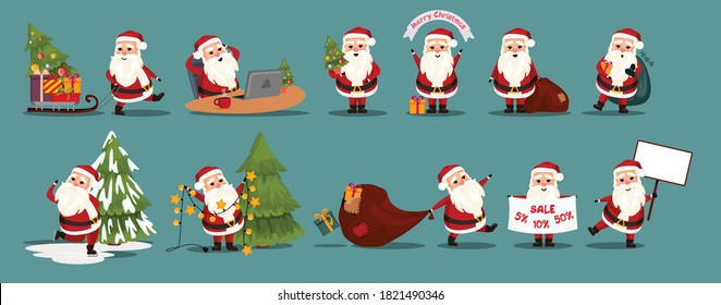 Santa claus set of illustrations with different character poses. Stickers, New Year and Christmas